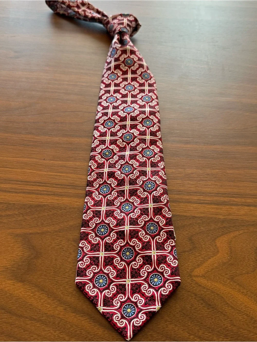 Robert Talbott “Seven Fold” Red Silk Tie with Blue and Cream Medallions